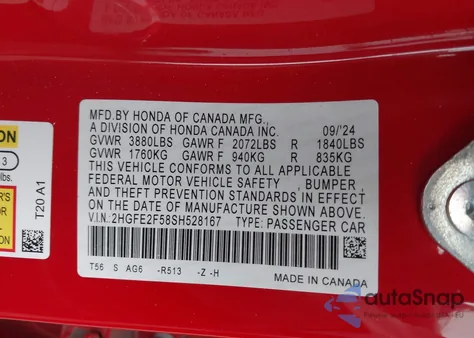 2025 Honda Civic Sport z USA, uszkodzony, nr VIN 2HGFE2F58SH528167